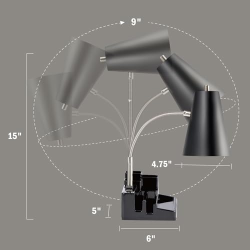 Small Desk Lamps for Home Office, Table Lamp with USB Port and Outlet, Desktop Lamp with Pen Holder, Flexible Neck Desk Lamp, Black Table Lamp for Reading Study