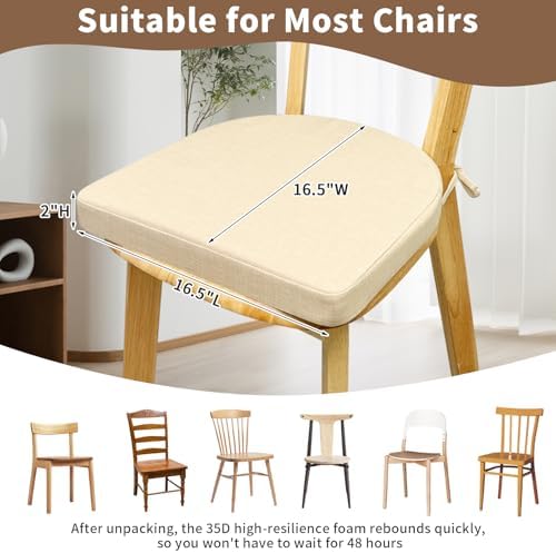 Chair Cushions for Dining Chairs 6 Pack 35D High-Density Foam Seat Cushions for Kitchen Chairs with Ties Non Slip and Removable Cover Chair Pads 16.5" x 16.5" x 2" (Beige)