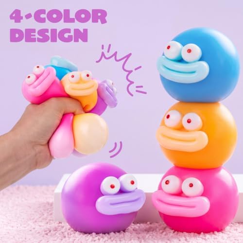 JOYIN 4 Pcs Funny Stress Relief Toys, Cute Face Squishy Stress Ball for Adults & Kids, Slow-Rising Fidget Sensory Toy, Soft Squeeze Toys, Birthday Gifts, Office Desk Decompression Toy, Party Favors