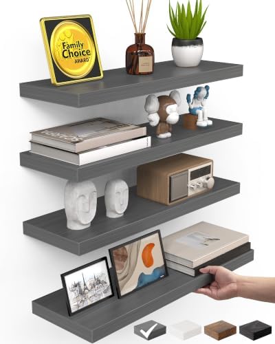 BAYKA Gray Floating Shelves 15.7in, Set of 4, Wall Mount Rustic Wood Shelf