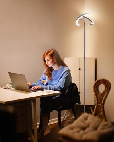 SIBRILLE Silver Floor Lamps for Living Room, Stepless Dimmable Standing Lamp with Touch Remote Control, 22W Rotatable LED Floor Light Tall Uplighter for Bedroom Office, 69'' Modern Room Light