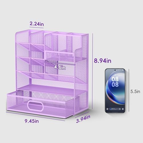 Mesh Pen Organizer for Desk, 13 Compartments with Drawer， Purple