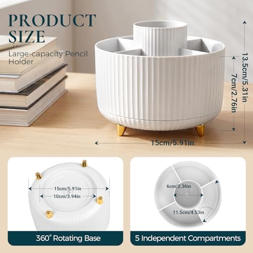 KONVINIT Pencil Pen Holder for Desk, 5 Slots 360-Degree Rotating Desktop Organizer, Cute Desk Organizers and Accessories for School, Home, Office and Art Supply, White