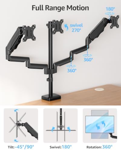 MOUNTUP Triple Monitor Stand Mount - 3 Monitors Desk Mount for Computer Screens Up to 27 inch, Triple Monitor Arm, Heavy Duty Monitors Stand, Each Arm Holds 4.4-19.8 lbs, Black