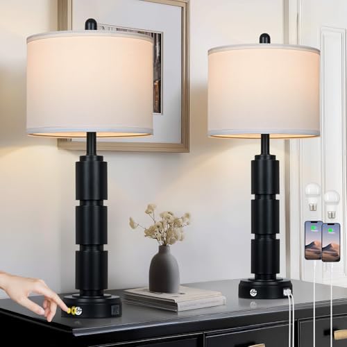 Set of 2 Modern Table Lamps for Living Room Bedroom,29" Tall Bedside Lamp with 2 USB Port,Black Metal Touch Nightstand Lamp for Desk End Side Table Entryway,Black