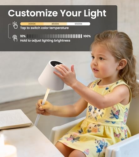 Cordless Table Lamp, Portable Battery Operated Lamp with 3 Color Temps and Stepless Dimming, Rechargeable Table Lamp for Dinner, Desk, Cafe, Outdoor (White)