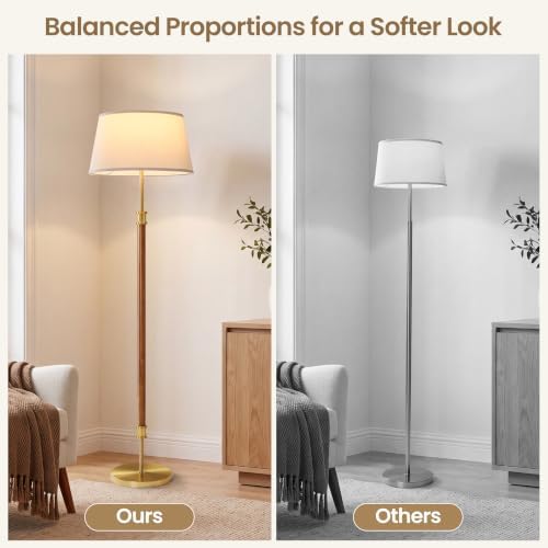 ZenGlimmer Mid Century Dimmabe Floor Lamp, Dark Walnut Wood Pole Standing Lamp with 18” Linen Shade, Brushed Gold Aluminum Accents, 11” Weighted Base for Living Room Bedroom