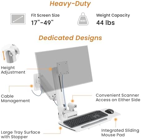 MED2H Heavy Duty Medical Wall Mount Workstation with Folding Keyboard Tray and Sliding Mouse Pad | Height Adjustment Space Save Folding Design for 17"-49" Screen Up to 44 lbs | Oral Scanner Holder