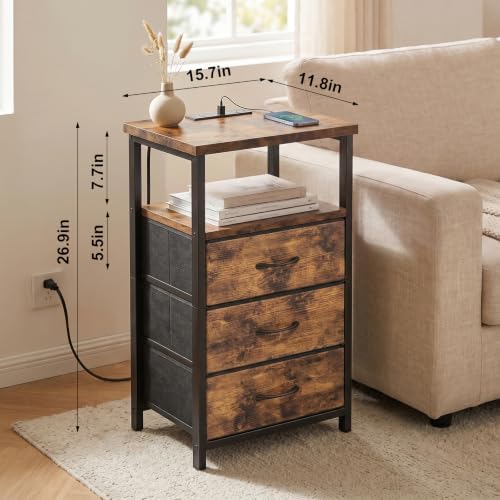 Fixwal Night Stand with Charging Station, 3 Fabric Drawers, Rustic Brown