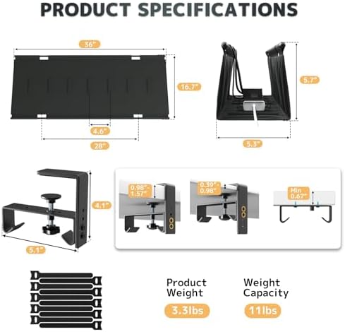 No Drill Under Desk Cable Management Tray - 36" Clamp/Screw Desk Cord Management, Premium Fabric Cable Racyway for Office & Home