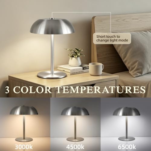 2 Pack Portable LED Mushroom Table Lamp, 12H Cordless Metal Night Light with Rechargeable Battery, Stepless Dimmable 3 Colors Desk Lamp for Bedroom Bar Coffee Shop(Brushed Silver)