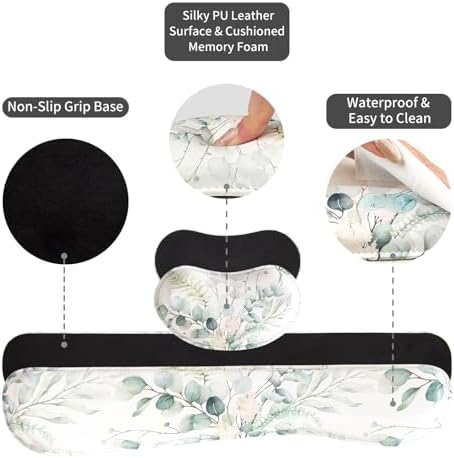 QiyI PU Leather Desk Mat Set, 4-in-1 Ergonomic Wrist Rest, Eucalyptus Leaf