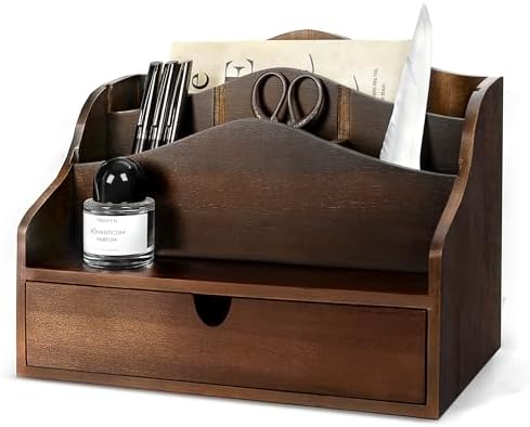 Rebee Vision Acacia Wood Mail Organizer for Desk Room Decor, Dark Brown