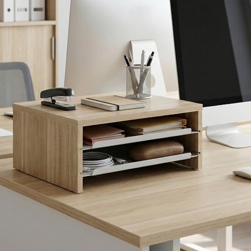 Fenge 14.3-Inch Monitor Stand with Slide-Out Trays, Wood & Metal Desk Shelf