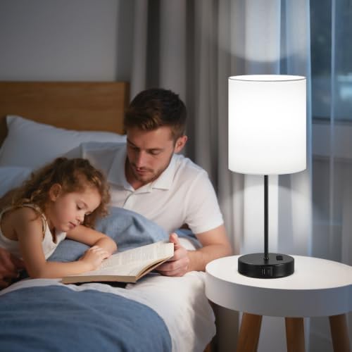 White Black Touch Lamps for Bedroom Set of 2, Dimmable, USB C+A, AC Outlet