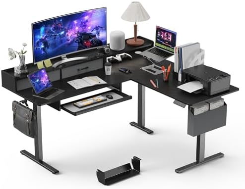 WALKINGDESK 63 Inches L Shaped Standing Desk with Keyboard Tray and 2 Drawers, L Shaped Electric Standing Desk, Adjustable L Shaped Office Desk,Corner Standing Desk for Home Office, Black
