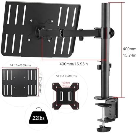 suptek Laptop Notebook Desk Mount Stand, Adjustable Single Monitor Laptop Arm Mount with Ventilated Tray,up to 17 inch,Holds up to 22 lbs