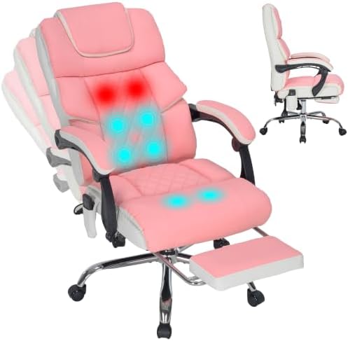 Massage Office Chair with Heat & Footrest,Heated Comfy Reclining Desk Chair with Vibration,Executive Big and Tall Chairs for Heavy People,Adjustable Height Black Pink-White
