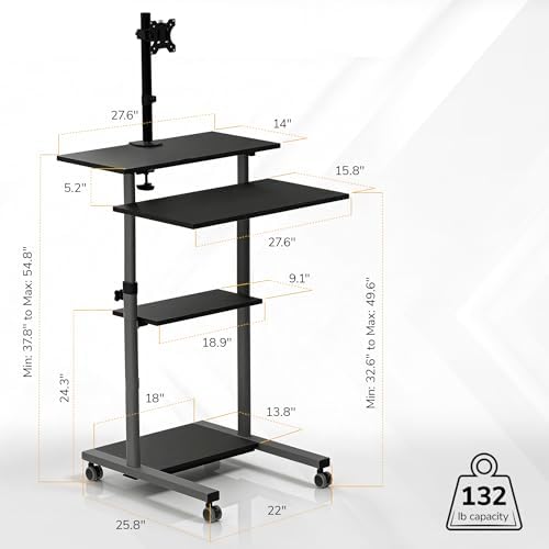 Mount-It! Mobile Computer Cart with Monitor Mount for Screen up to 32", Portable Desk on Wheels, Rolling Laptop Stand Teachers, Office, Classroom, Rise up to 53", Projector, Podium, Keyboard Tray