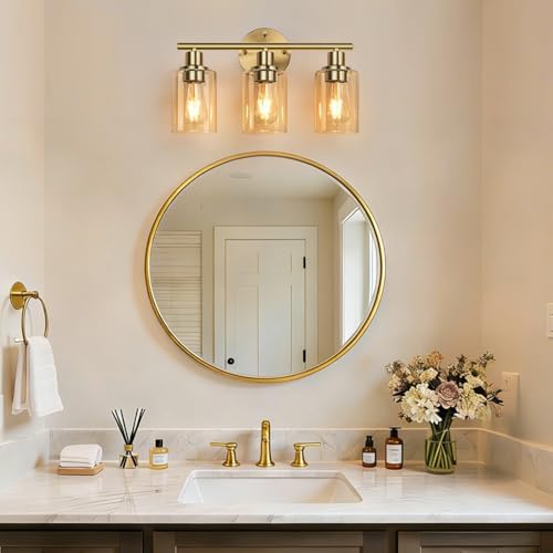 Zarbitta 3-Light Bathroom Light Fixtures, Brushed Gold Vanity Light, Farmhouse Wall Lights with Amber Glass Shades, Bathroom Wall Lamp for Mirror Kitchen Bedroom Hallway Living Room