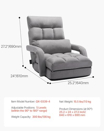 VEVOR Floor Chair, Floor Gaming Chair with 5 Adjustable Position and Back Support, Folding Lounge Chair with Armrest for Adults, Sofa Lounger with Comfy Cushion for Living Room and Bedroom, Gray