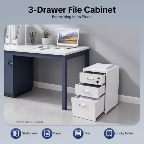 3 Drawer File Cabinet with Lock, Freestanding Filing Metal Drawers Organizer Vertical Metal Rolling Organizer Movable Under Desk Cabinet with Wheels for Home Office Living Room Study (3 Tiers White)
