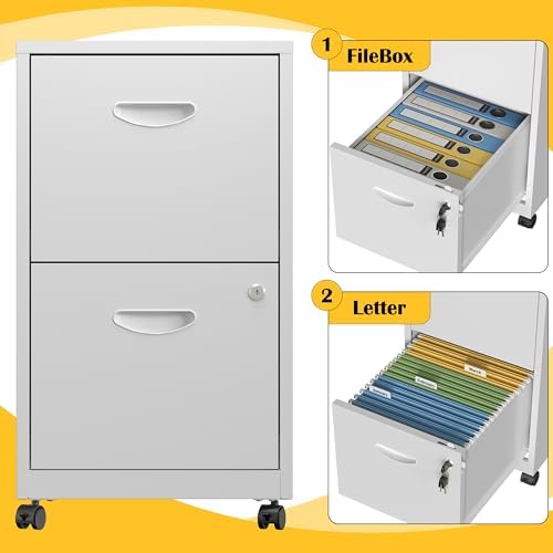 SteeLoong 2 Drawer File Cabinet,Metal Mobile File Cabinet with Lock White