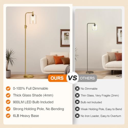 【Upgraded】 Dimmable Floor Lamp for Living Room with Clear Glass Lampshade, Brass Modern Glass Floor Lamp with 900LM LED Bulb Included, Arc Standing Tall Lamp for Bedroom, Office, Reading Room, Corner
