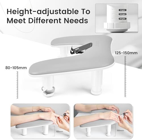 JODSONE Gray U-Shaped Arm Rest for Nails Tech with Rotating Built-In Phone Holder and Adjustable Nail Arm Rest Detachable Manicure Hand Rest for Salon Design