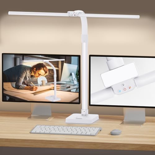 GAEFURY LED Desk Lamp for Home Office, 24W Bright Desk Lamp with Phone Holder Base - 25 Lighting Modes Eye-Caring Desk Light Adjustable Gooseneck Lamp for Workbench Drafting Reading Study-White