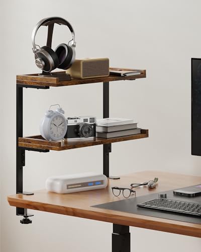 Clamp On Desk Shelf 2-Tier, 16.5 in Wood Shelving Unit for Office Desk/Gaming Accessories, Tabletop Book Storage Rack, Shelf for Top of Desk, Brown