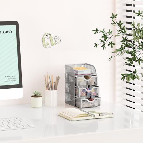 EasyPAG Mesh Desk Organizer with 3 Drawer Office Desktop Organizers and Accessories Stationery Caddy for Office, Home, Students, Silver
