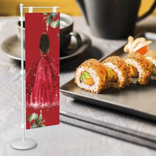 Red Roses Floral Brown Princess Dress Deluxe Desk Flag Set, 12 x 4 Inch Miniature Table Flag with 14" Pole & Stand Base