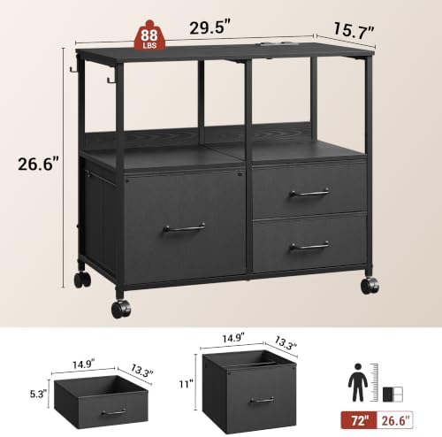 DEVAISE 3 Drawer Mobile File Cabinet, Fabric Lateral Filing Cabinet, Black