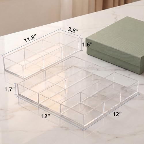 Peohud 2 Pack Acrylic Drawer Organizer Tray, 6/3 Section Clear Makeup Tray Organizer for Drawer, Junk Drawer Storage for Office Desk Supplies and Accessories