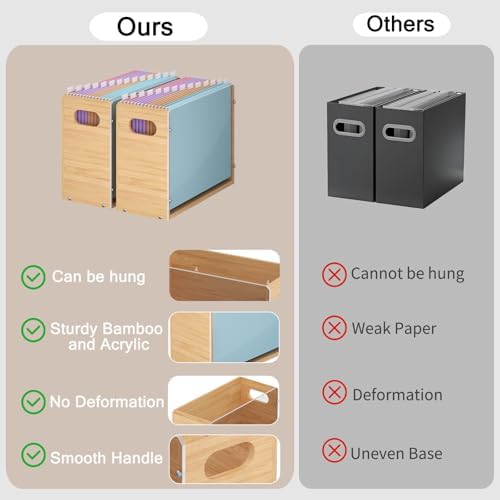 Sbanmao Acrylic Wall File Organizer, Hanging File Folder Organizer with Handle, Bamboo File Box File Crate Storage Box, Portable Filing Organizer for Home Office Classroom (Letter Size, 2 Pack)