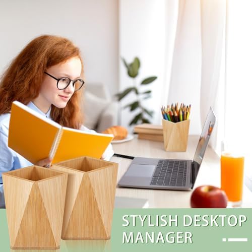 Henoyso 2 Pcs Bamboo Pen Holder Geometric Pencil Cup Stand Makeup Organizer