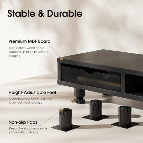 Fenge Dual Monitor Riser with 2 Drawers, 42.5in Long Desk Shelf, Black