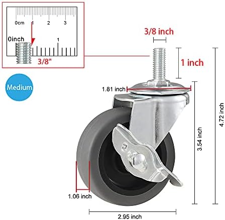 Caster Wheels, 3" Locking Swivel Threaded Stem Casters Set with Brake of 24