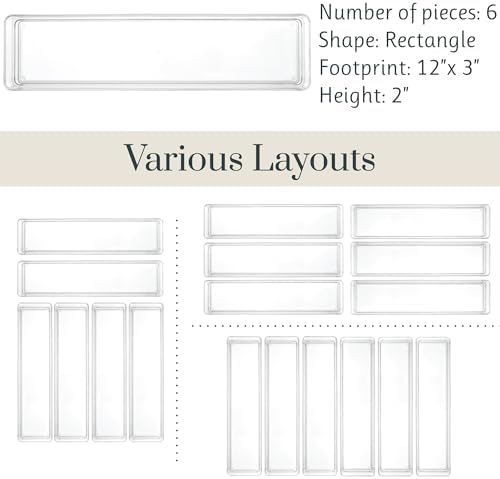 STORi SimpleSort 6-Piece Stackable Clear Drawer Organizer Set | 12" x 3" x 2" Rectangle Trays | Narrow Makeup Vanity Storage Bins and Office Desk Drawer Dividers | Made in USA
