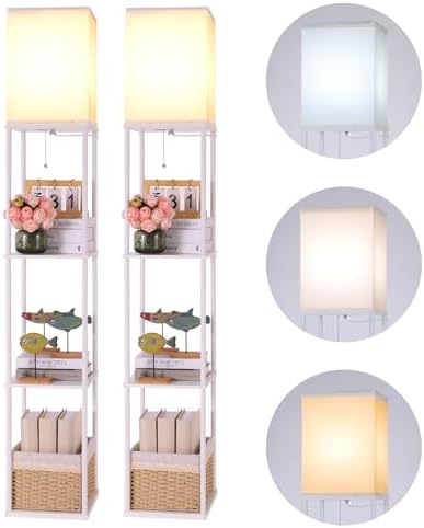 Gupuzm Floor Lamp with Shelves, 4 Layer Square Standing Lamp with 3 Color Temperature Bulb, Corner Display Bookshelf Lamp for Living Room, Bedroom and Office（White-2 Packs）
