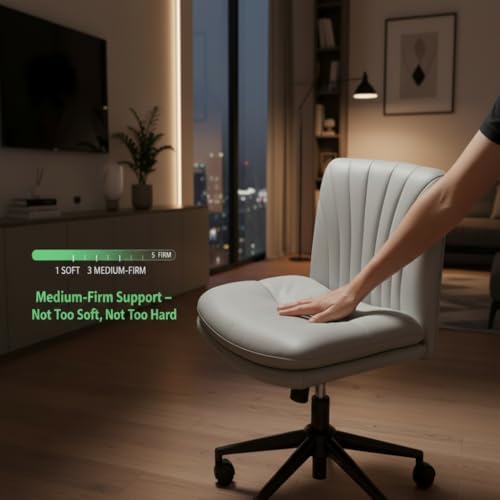 Marsail Criss Cross Office Chair with Wheels, Armless Wide Desk Chair for Active Sitting, PU Leather Cross Legged Chair for Home Office, Pet-Friendly & Easy Clean, Grey