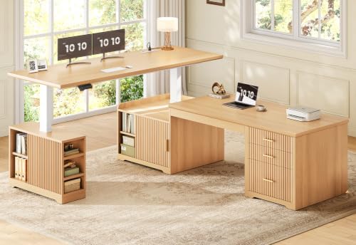 SEDETA Fluted L Shaped Standing Desk with Storage for Home Office, Oak