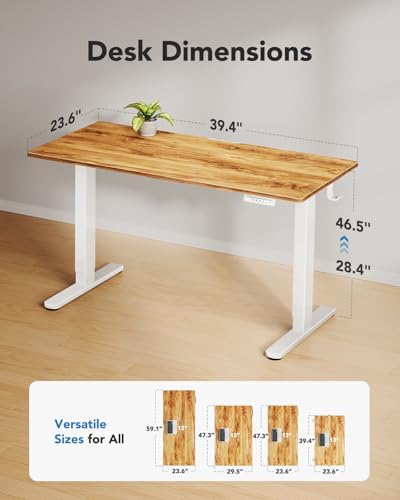 HUANUO Electric Standing Desk, Whole Piece Desktop, Adjustable Height Computer Desk, 4 Height Memory Settings, Sit Stand Up Desk for Home Office, 40" x 24", Light Vintage