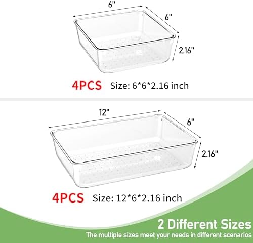 8 PCS Clear Plastic Drawer Organizer Tray, Acrylic Vanity Bathroom Drawer Organizers Trays, Desk Drawer Organizer Bins for Cosmetic, Makeup, Kitchen, Office, Junk Drawer Divider Organization