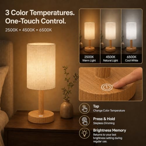 Small Rechargeable Cordless Table Lamp, Nightstand to Desk, Warm Oak