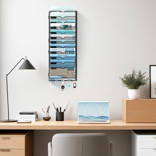 13-Tier Wall File Organizer and Mail Organizer with 5 Hooks, Black