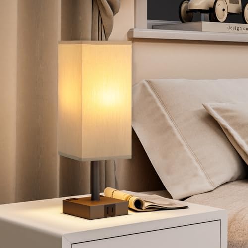 Grey Touch Table Lamp for Bedroom - Dimmable, USB C+A, 2 AC Outlets
