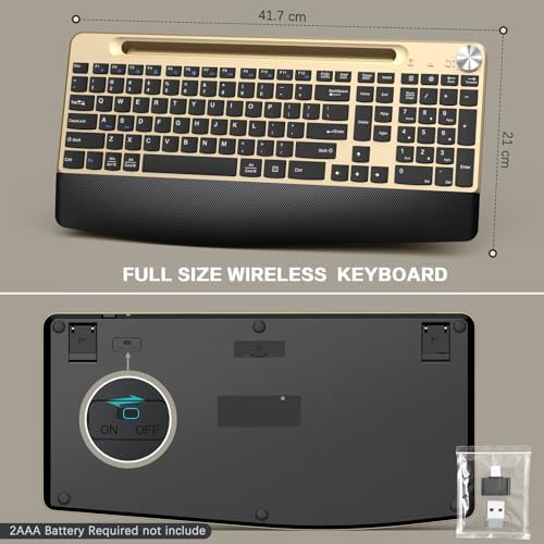 JOYACCESS Ergonomic Wireless Keyboard with Wrist Rest, Phone/Tablet Holder,Windows & Mac OS, 2.4 GHz Wireless, Full-Size,Quiet Keyboard Compatible for Laptop,PC, Mac, Windows -Black Glod