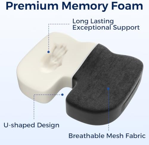 Seat Cushion for Office Chair, Ergonomic Memory Foam Seat Cushion for Long Sitting and Driving, Tailbone Relief Cushion for Office Chairs and Car Seats, Non-Slip Bottom, Washable Cover, Black